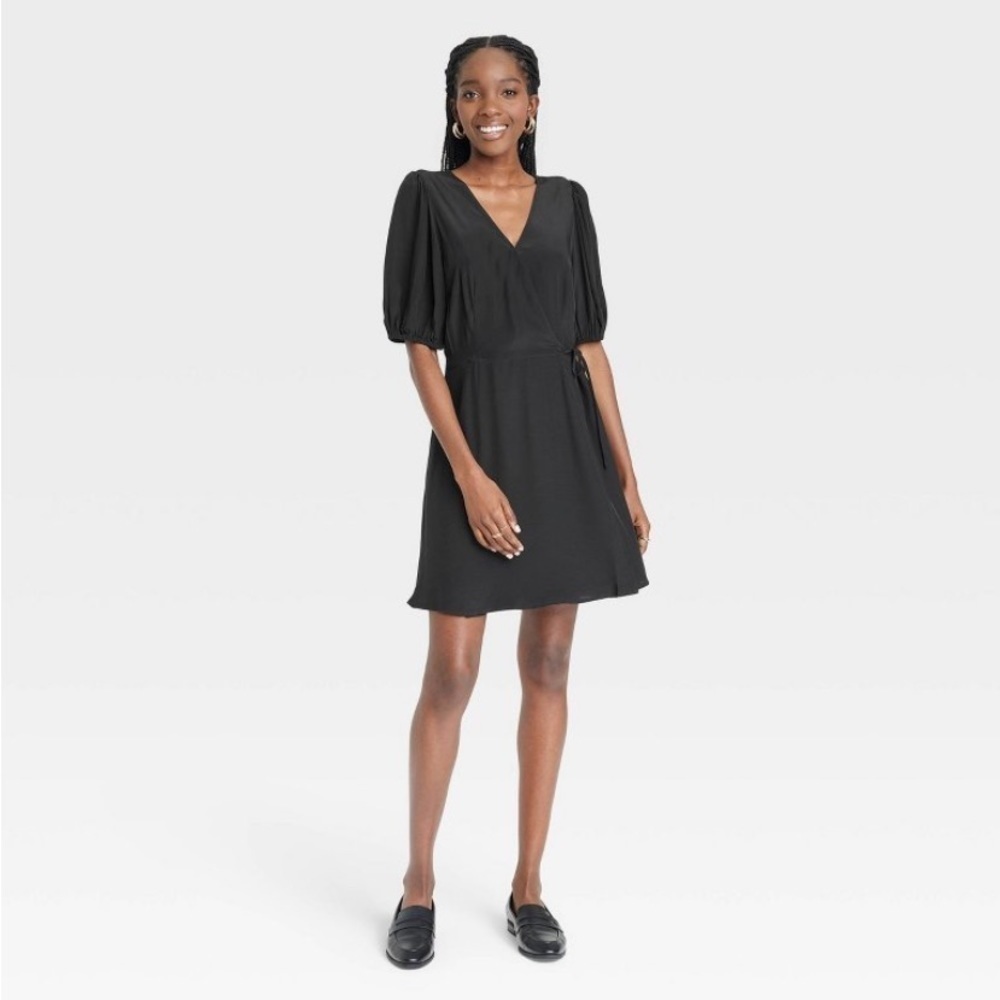 Women's Puff Short Sleeve Wrap Dress - A New Day™m Black M nwt